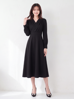 「3色」「秋季新品 」S-XL V領褶襉高腰長袖洋裝