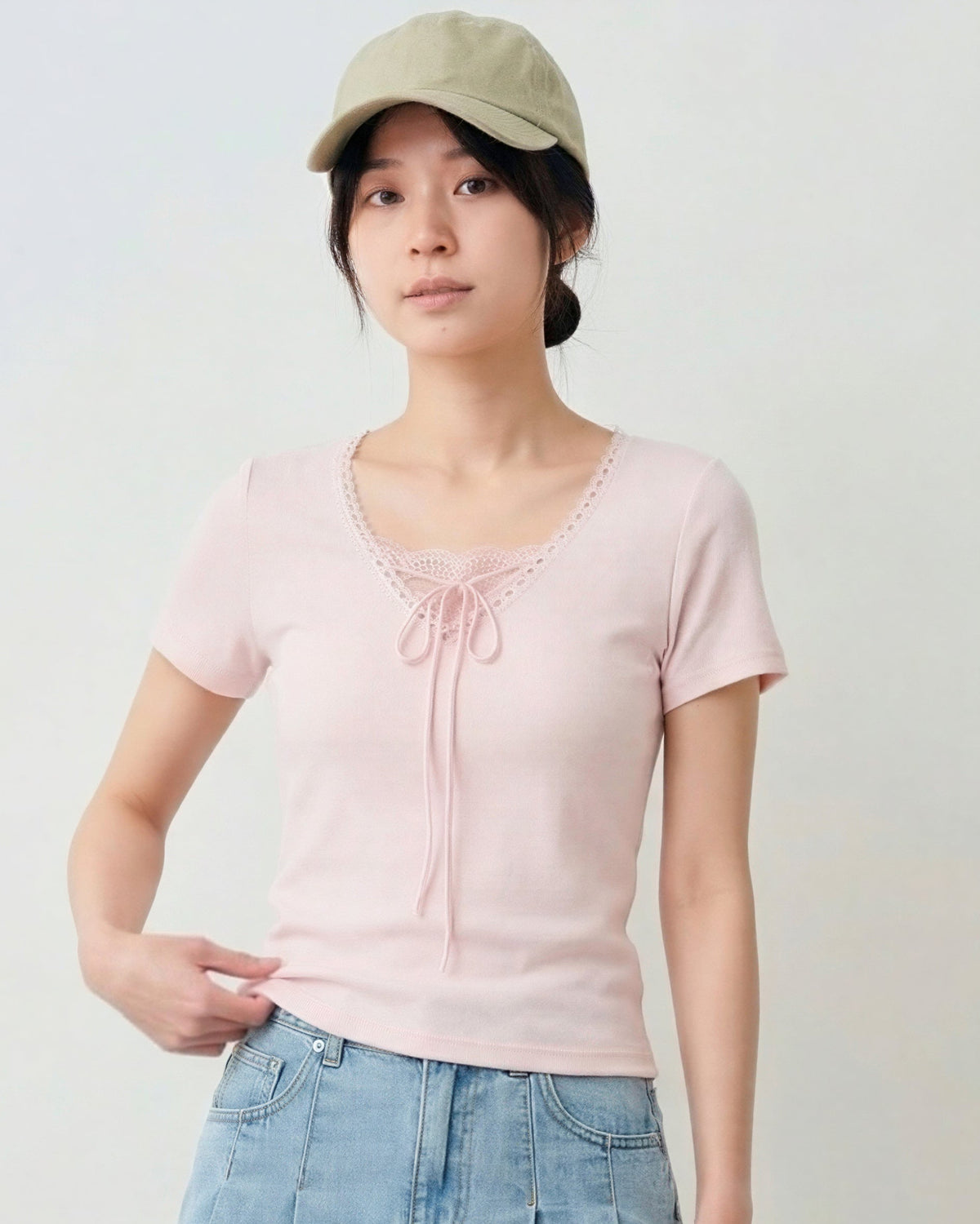 方領蕾絲綁帶修身短袖T恤-淺粉色-L
