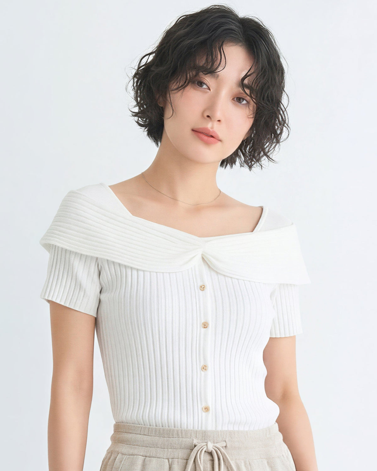 一字領扭結門襟短袖針織衫-白色-3XL