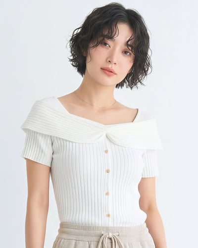 一字領扭結門襟短袖針織衫-白色-3XL