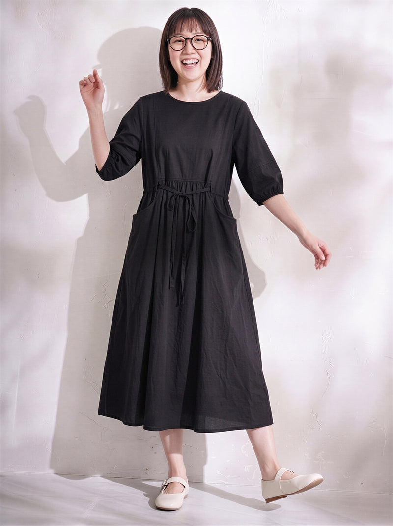 「兩色」夏季全棉舒適寬鬆 收腰抽繩泡泡袖A字連衣裙