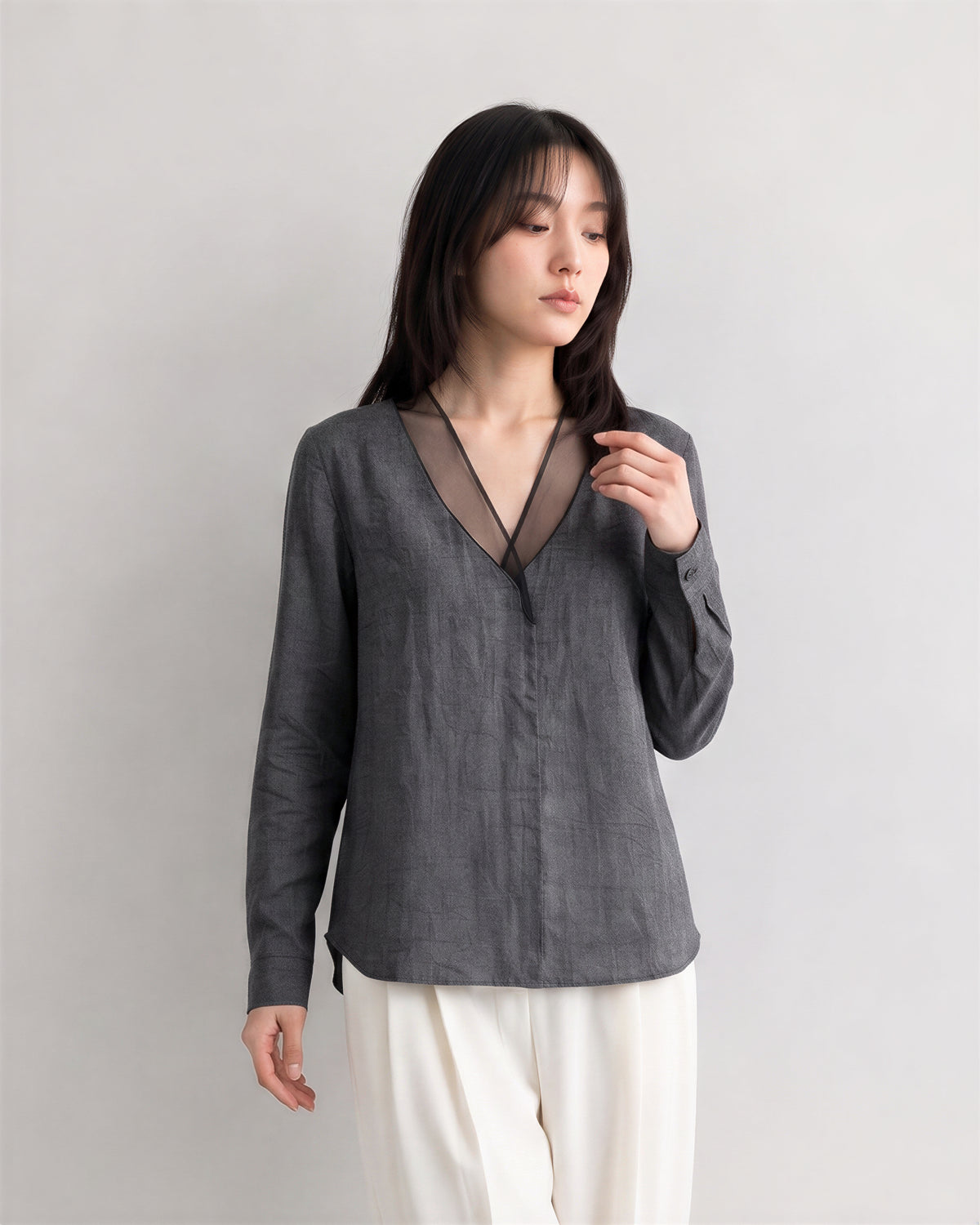 「秋季新品 」S-XL 灰色網紗拼接深V襯衫