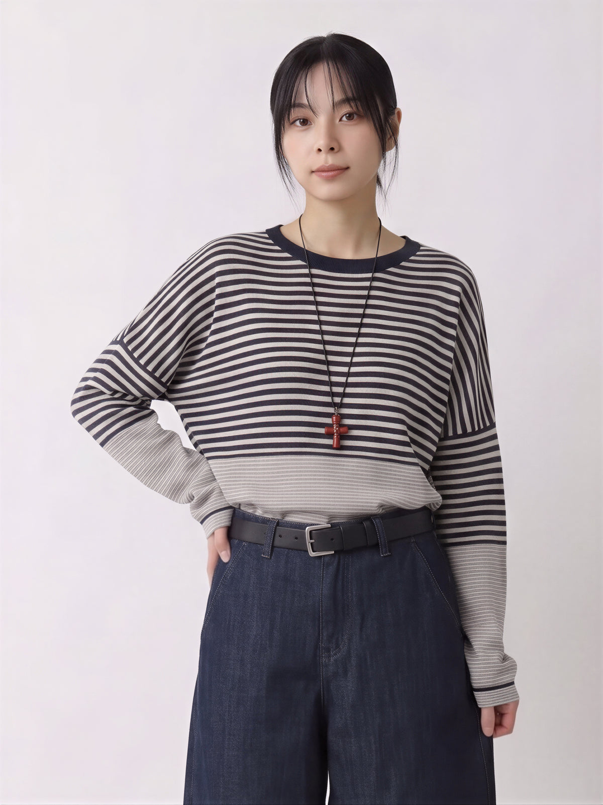 寬鬆落肩·黑白條紋·拼接長袖針織衫