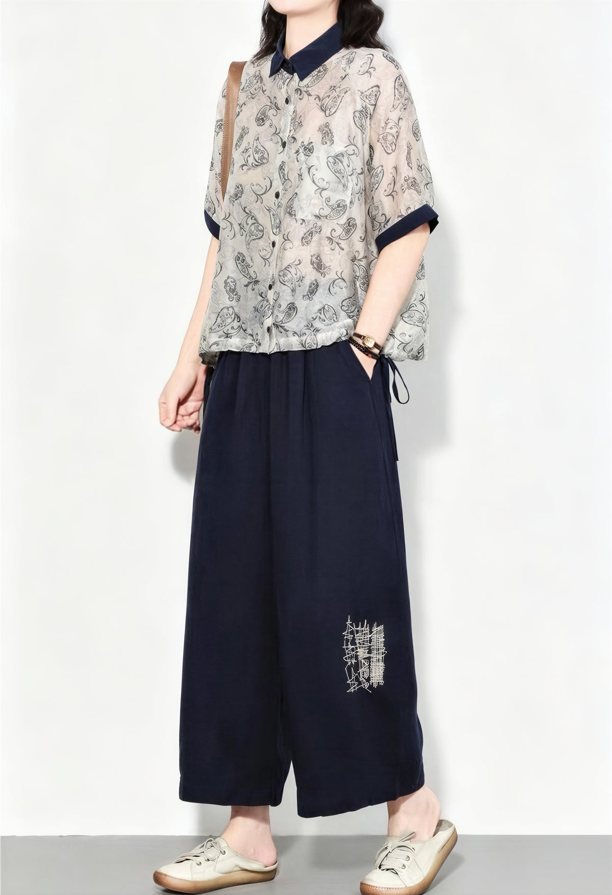 「兩色」M-2XL 亞麻鬆緊高腰刺繡寬褲