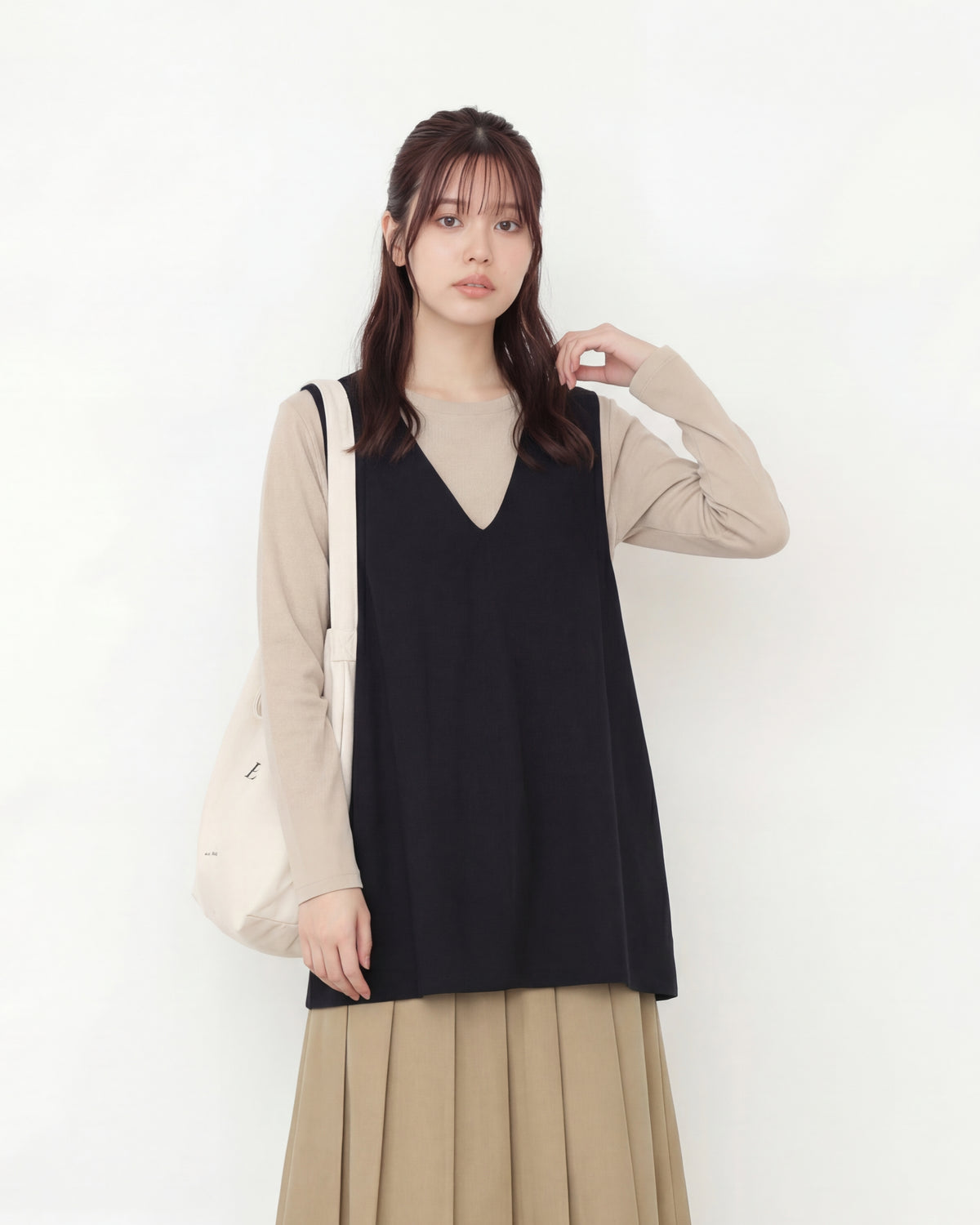 深V領寬鬆廓形中長款背心-黑色-3XL