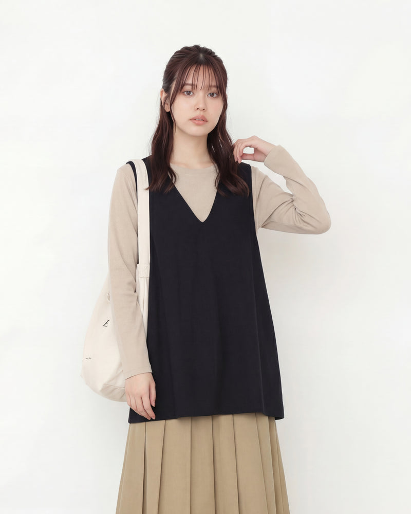 深V領寬鬆廓形中長款背心-黑色-3XL