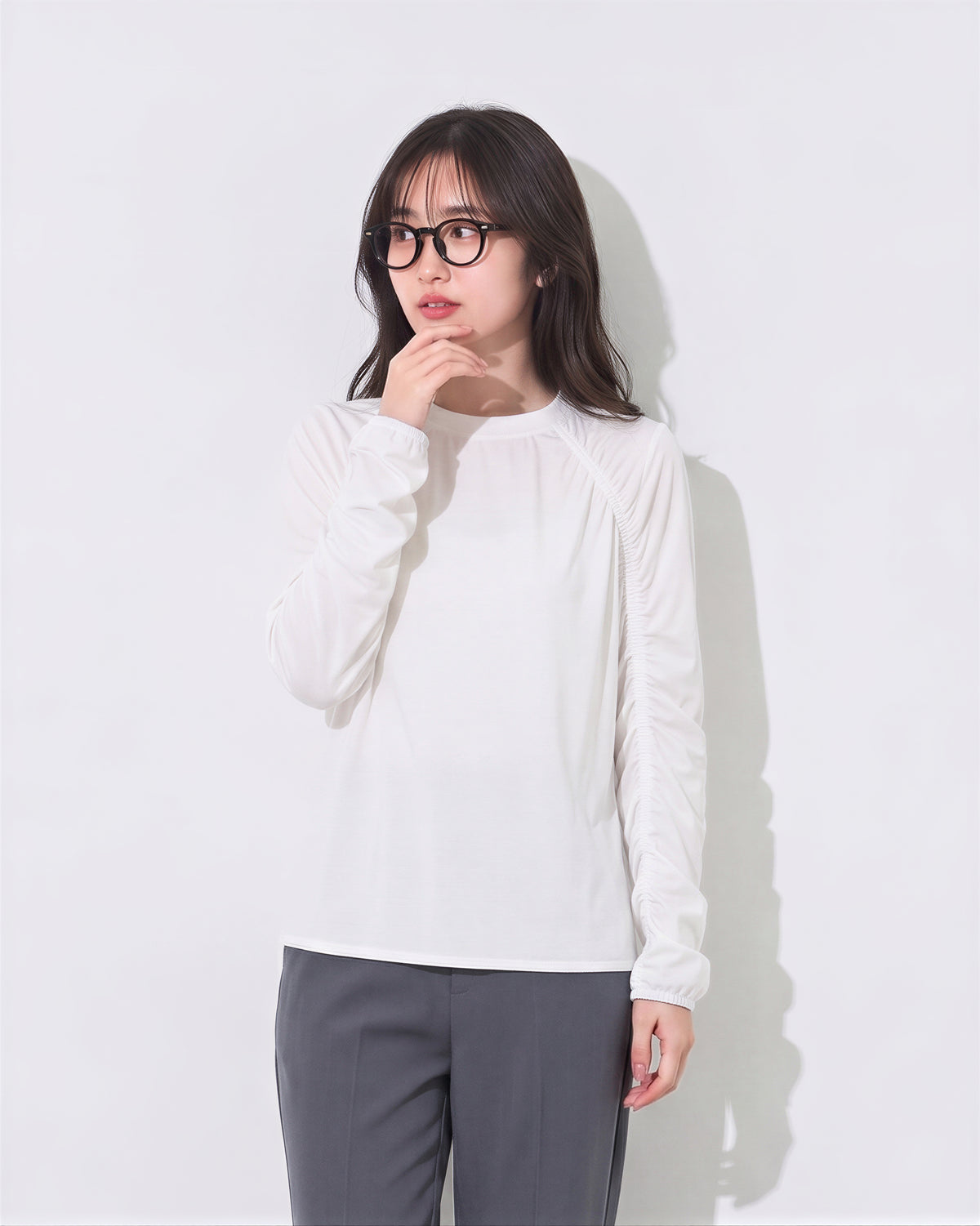 「秋季新品 」「兩色」S-XL 抽皺拼線寬鬆長袖T恤