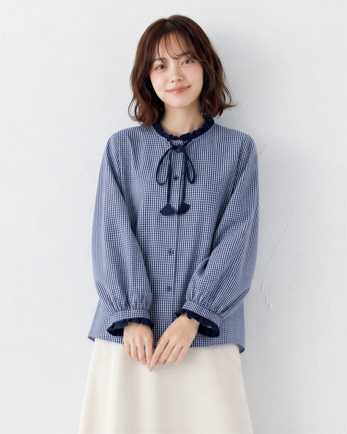 「秋季新品 」S-2XL 木耳邊綁帶格紋襯衫