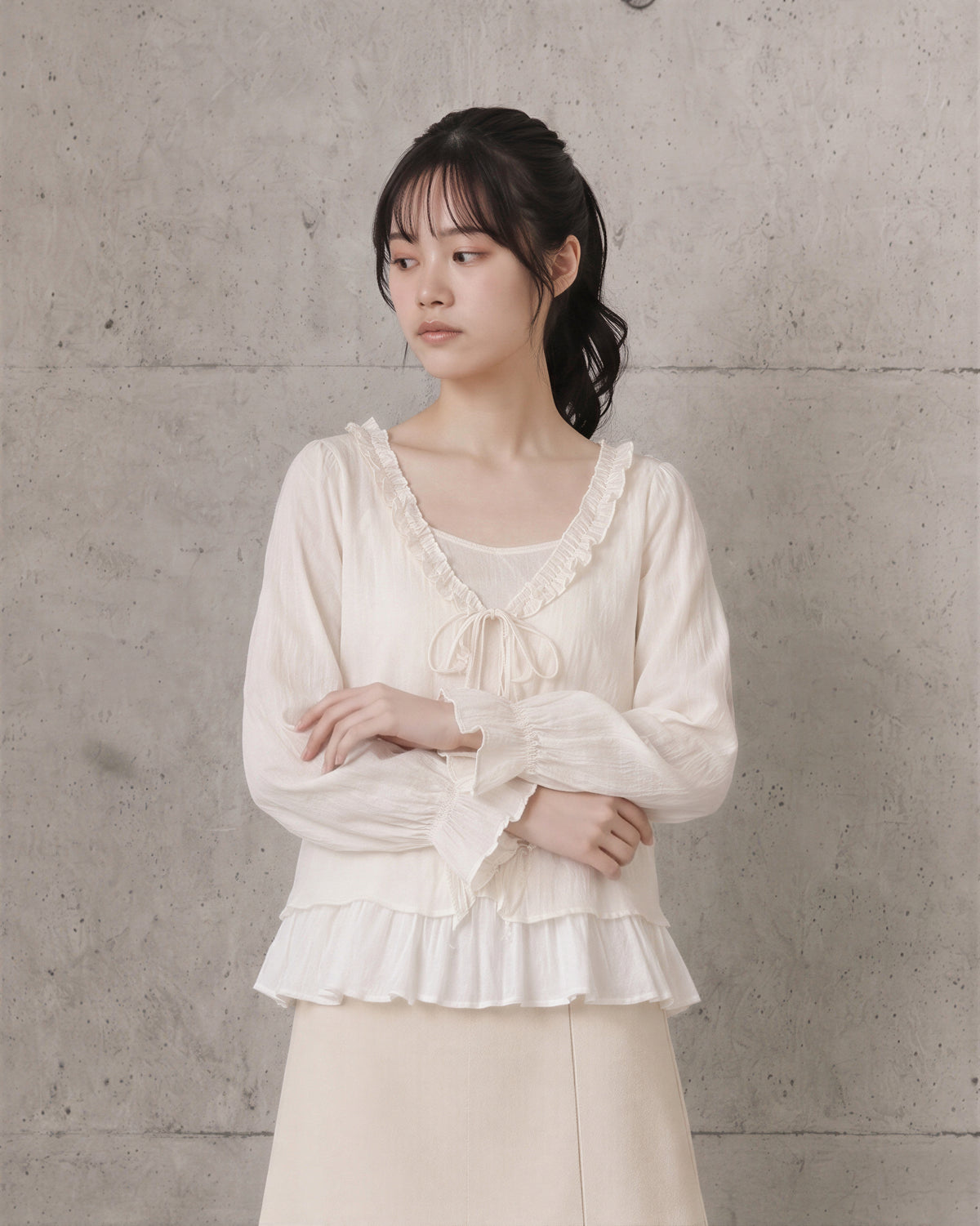 「秋季新品 」「兩色」S-XL 木耳邊綁帶假兩件襯衫