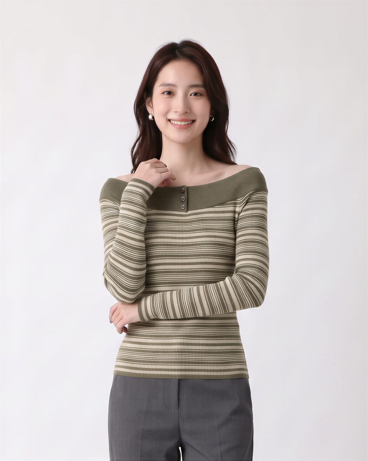「秋季新品 」S-XL 一字領條紋修身針織衫