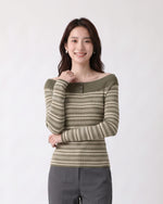「秋季新品 」S-XL 一字領條紋修身針織衫