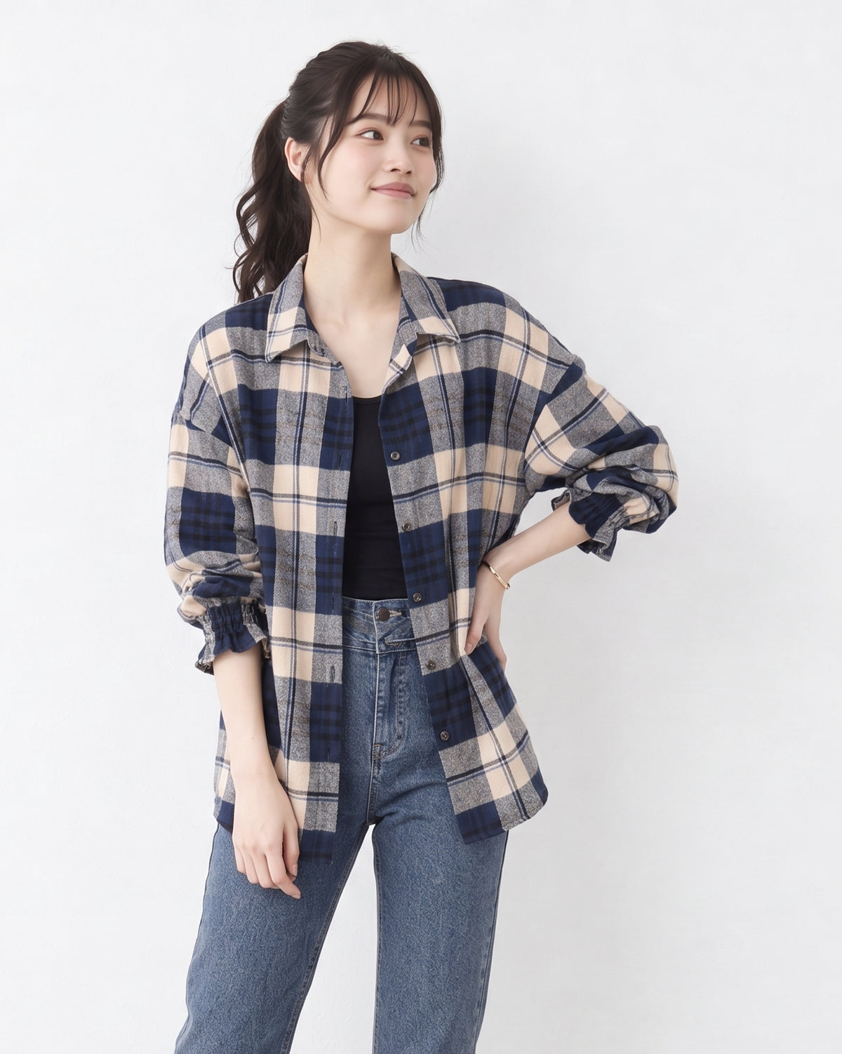 「秋季新品 」寬鬆格紋翻領襯衫