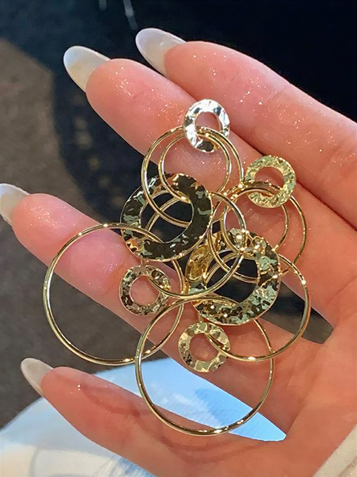 【S999純銀針】輕奢金色 交疊環設計 多層圓圈耳環
