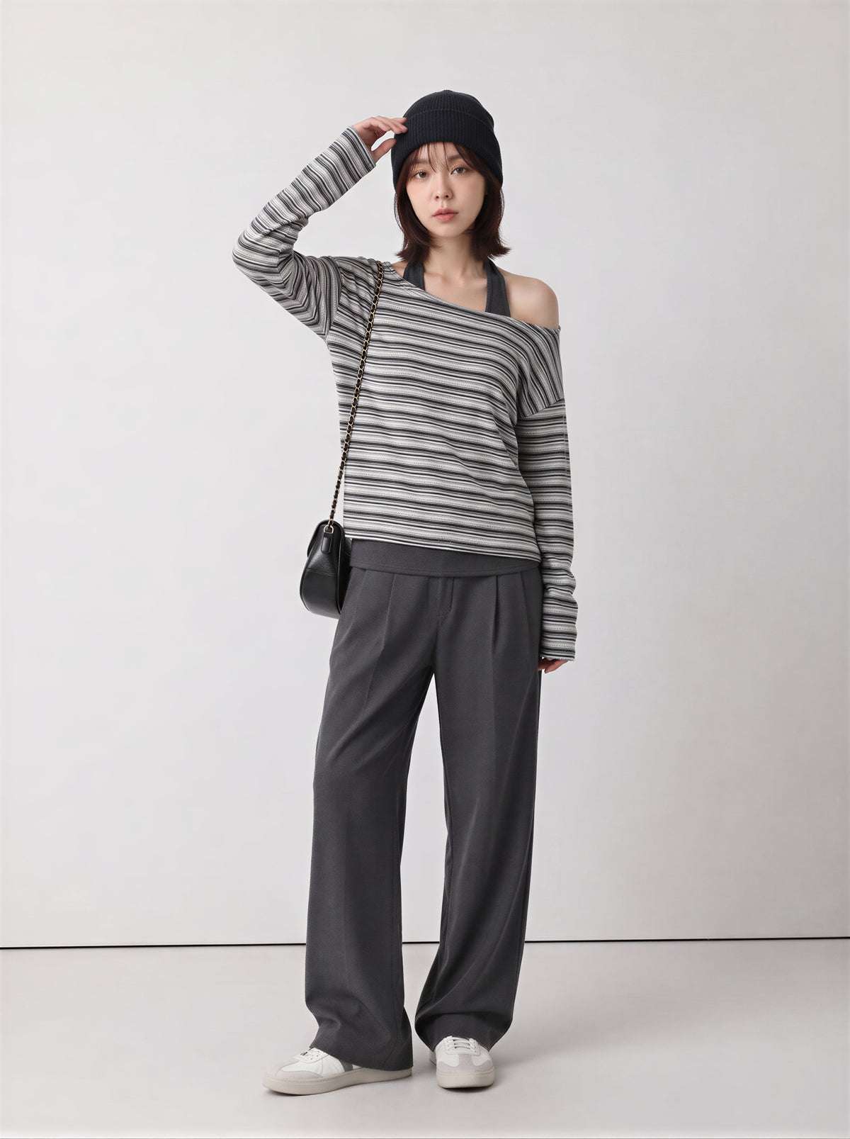 「兩色」S-XL 斜肩露膚條紋假兩件T恤