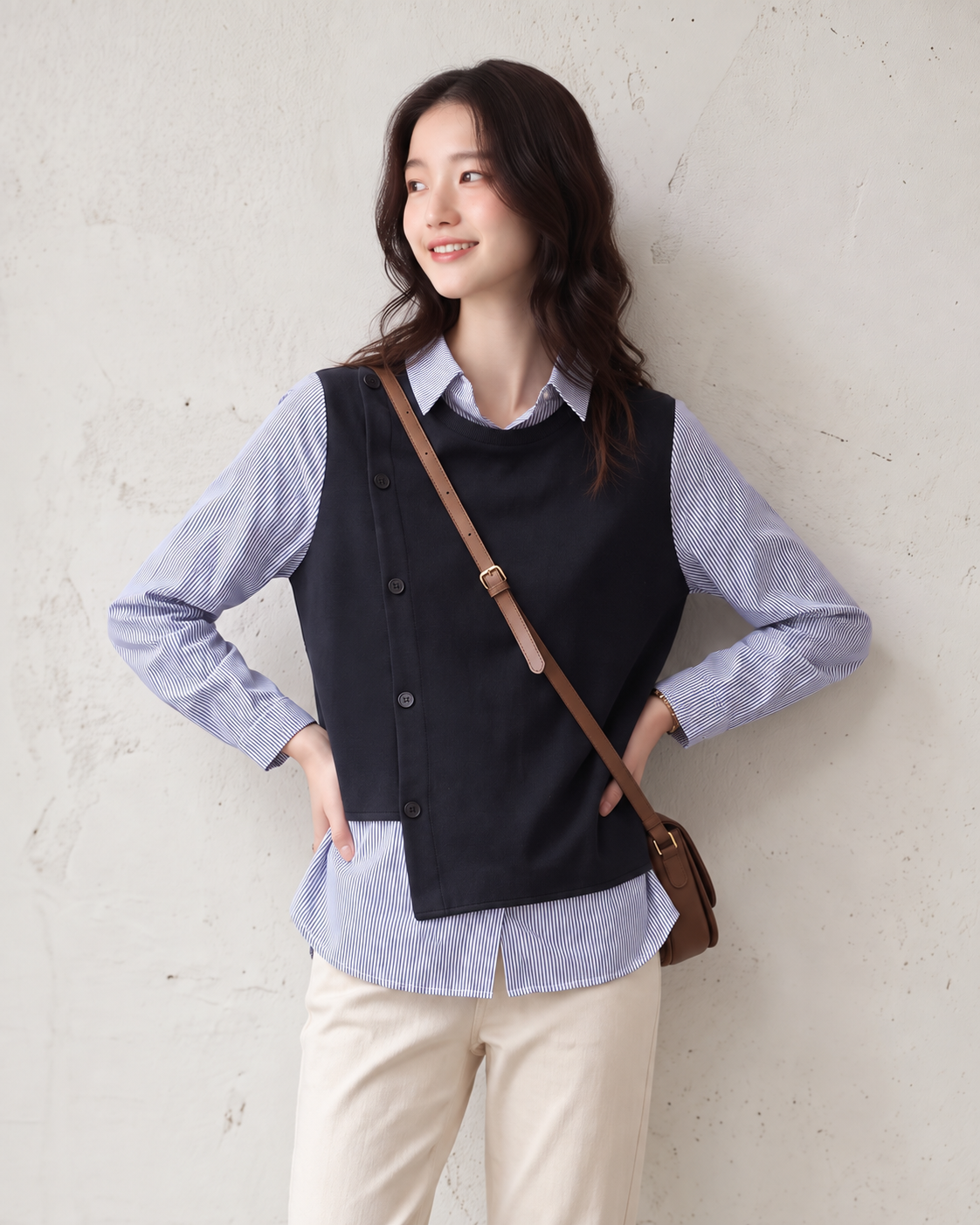 「兩色」「秋季新品 」M-2XL 條紋拼接錯位下擺假兩件襯衫