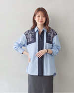 拼接條紋印花襯衫-淺藍色-4XL