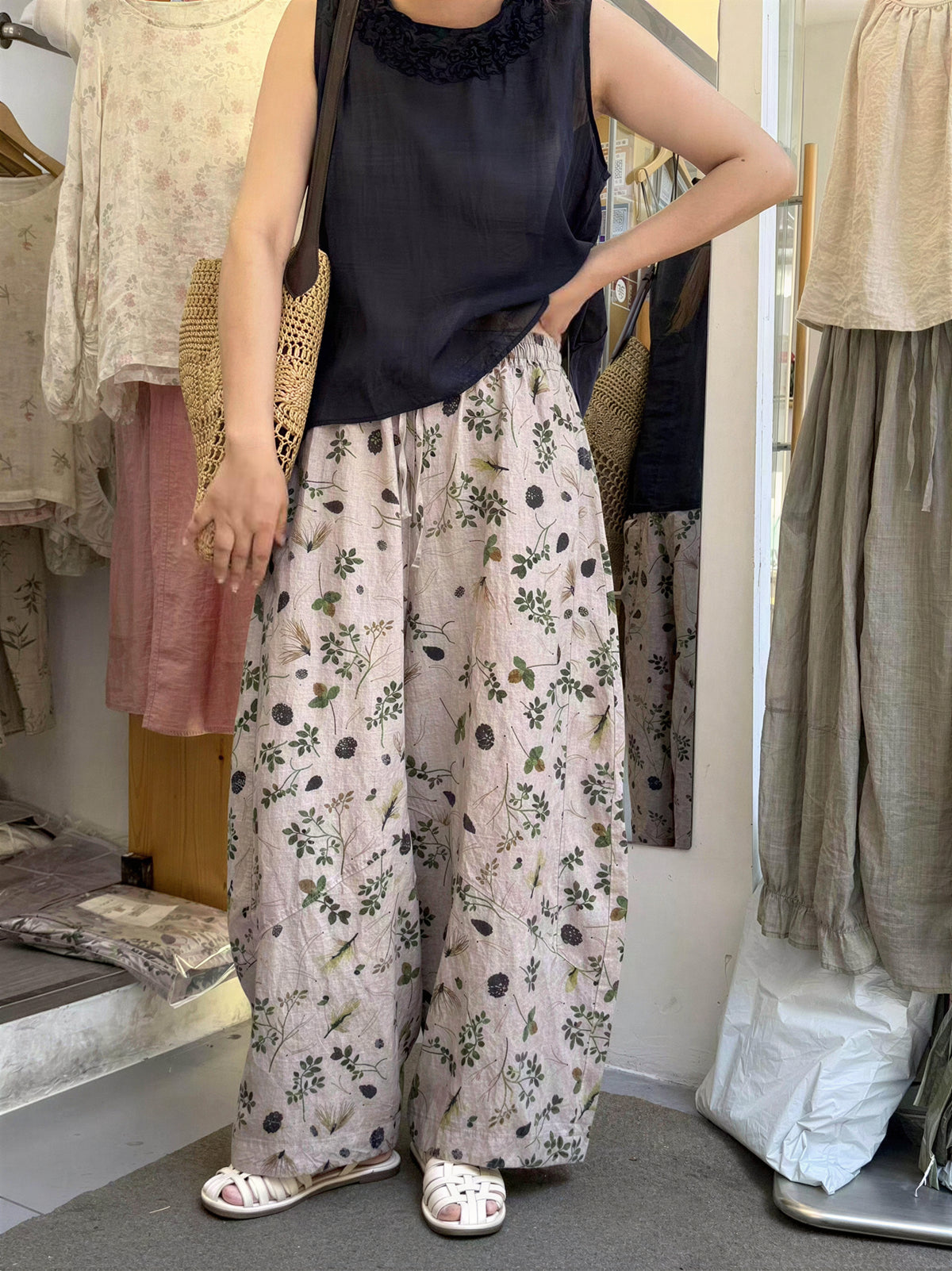 「兩色」M-2XL 植物印花寬鬆寬褲