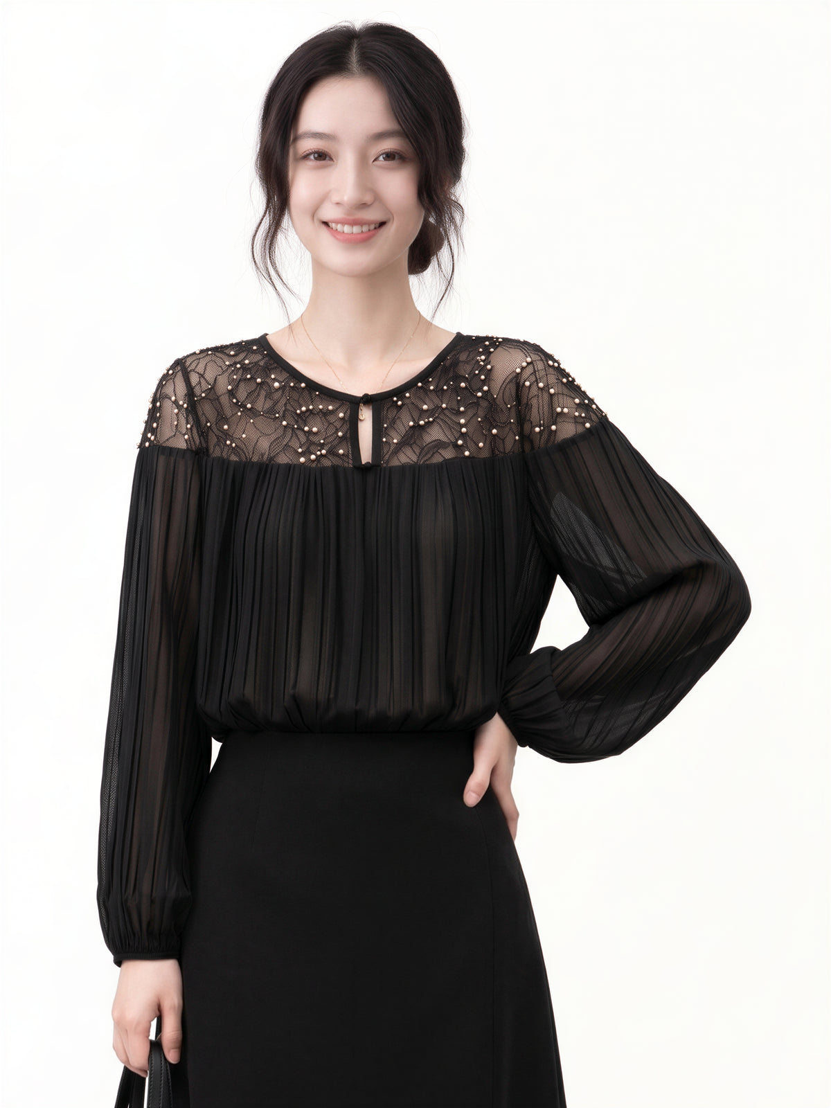 「兩色」「秋季新品 」S-2XL 釘珠刺繡壓褶襯衫