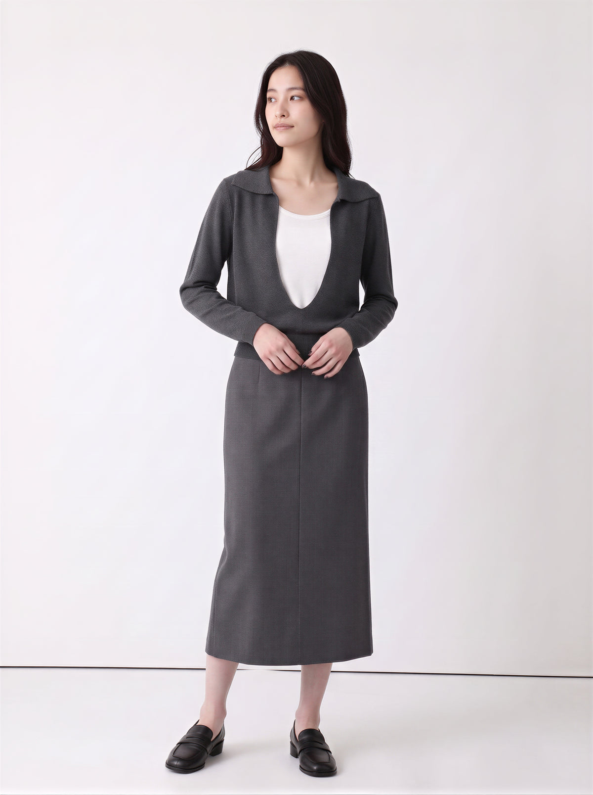 「兩色」S-XL 翻領深V拼接 | 收腰假兩件針織衫