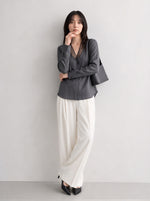 「秋季新品 」S-XL 灰色網紗拼接深V襯衫