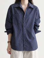 「兩色」「秋季新品 」S-XL 寬鬆條紋拼接口袋襯衫