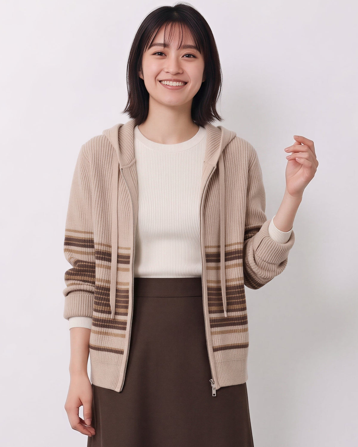 「秋季新品 」「兩色」連帽抽繩條紋拼接針織開襟外套