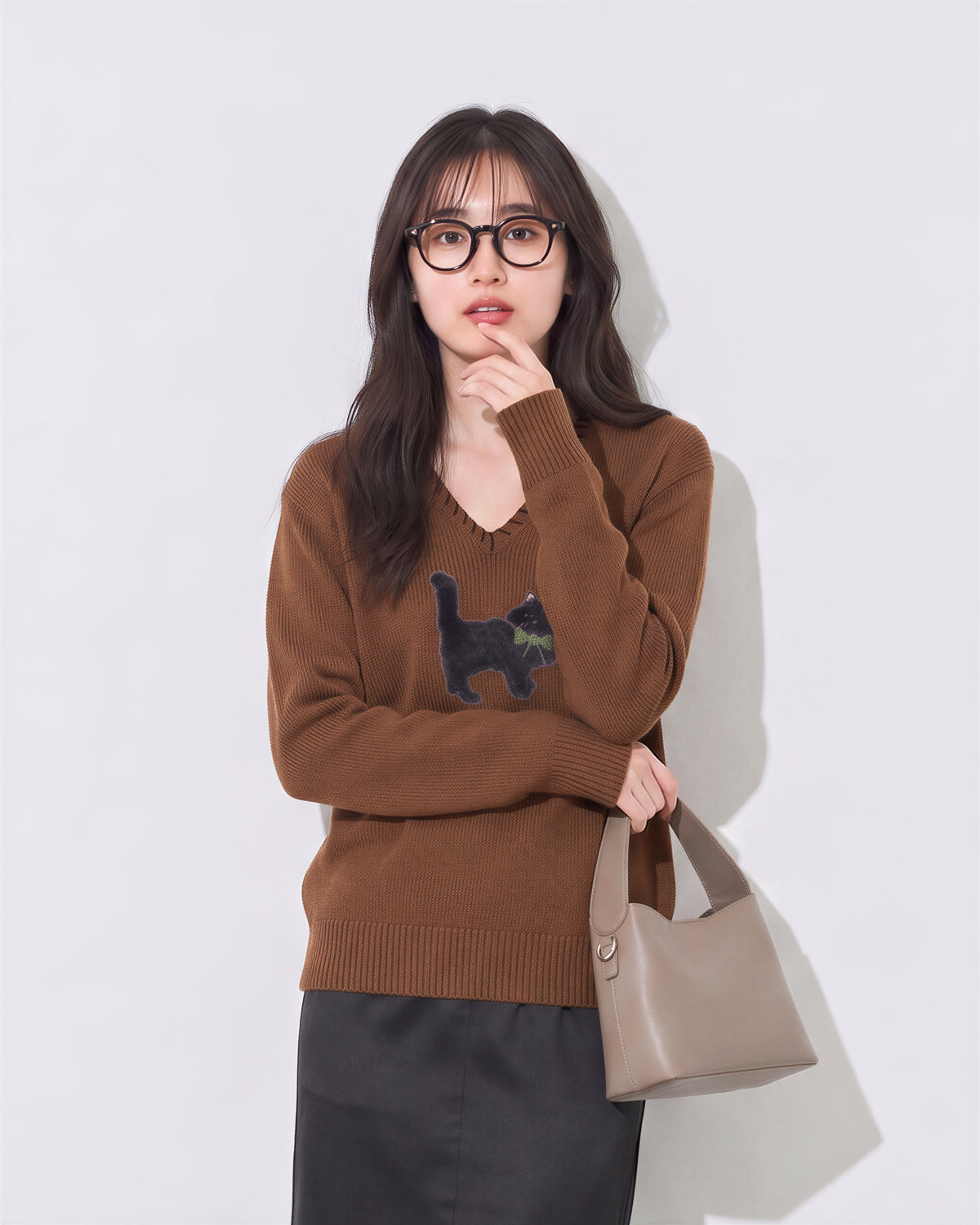 「兩色」S-XL V領鏤空滾邊 | 小貓圖案長袖針織衫