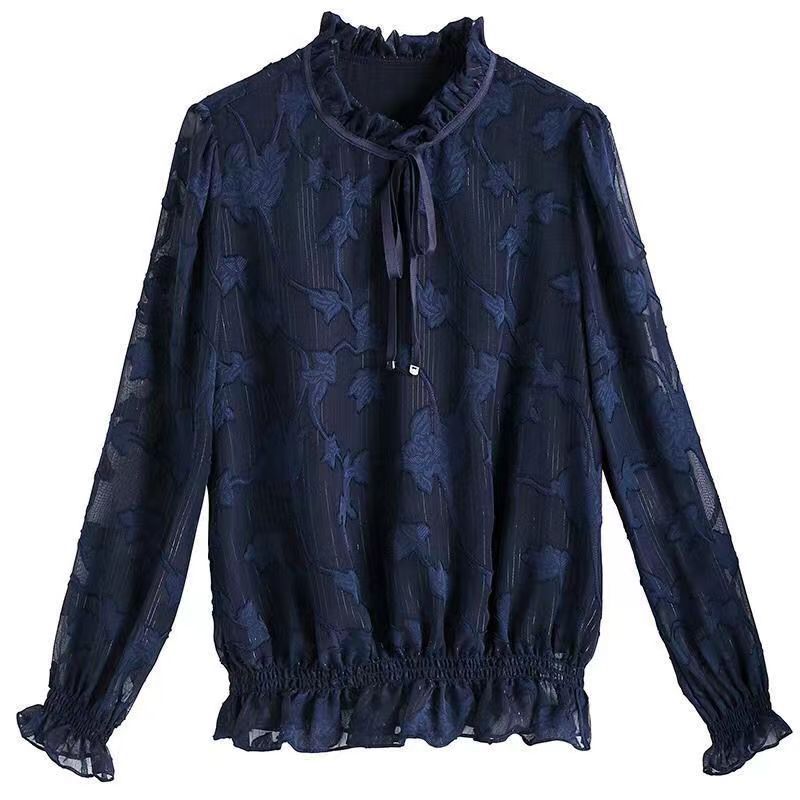 「秋季新品 」木耳邊綁帶印花雪紡上衣罩衫