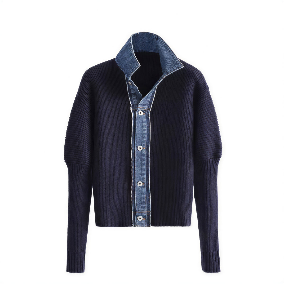 「秋季新品 」 S-2XL 牛仔拼接立領假兩件針織外套