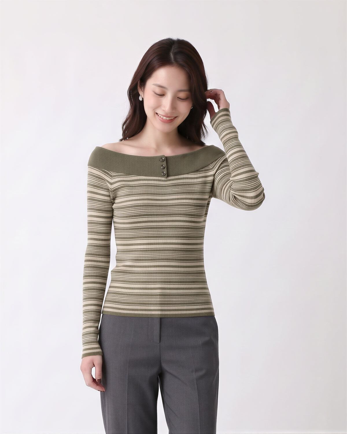 「秋季新品 」S-XL 一字領條紋修身針織衫