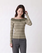 「秋季新品 」S-XL 一字領條紋修身針織衫