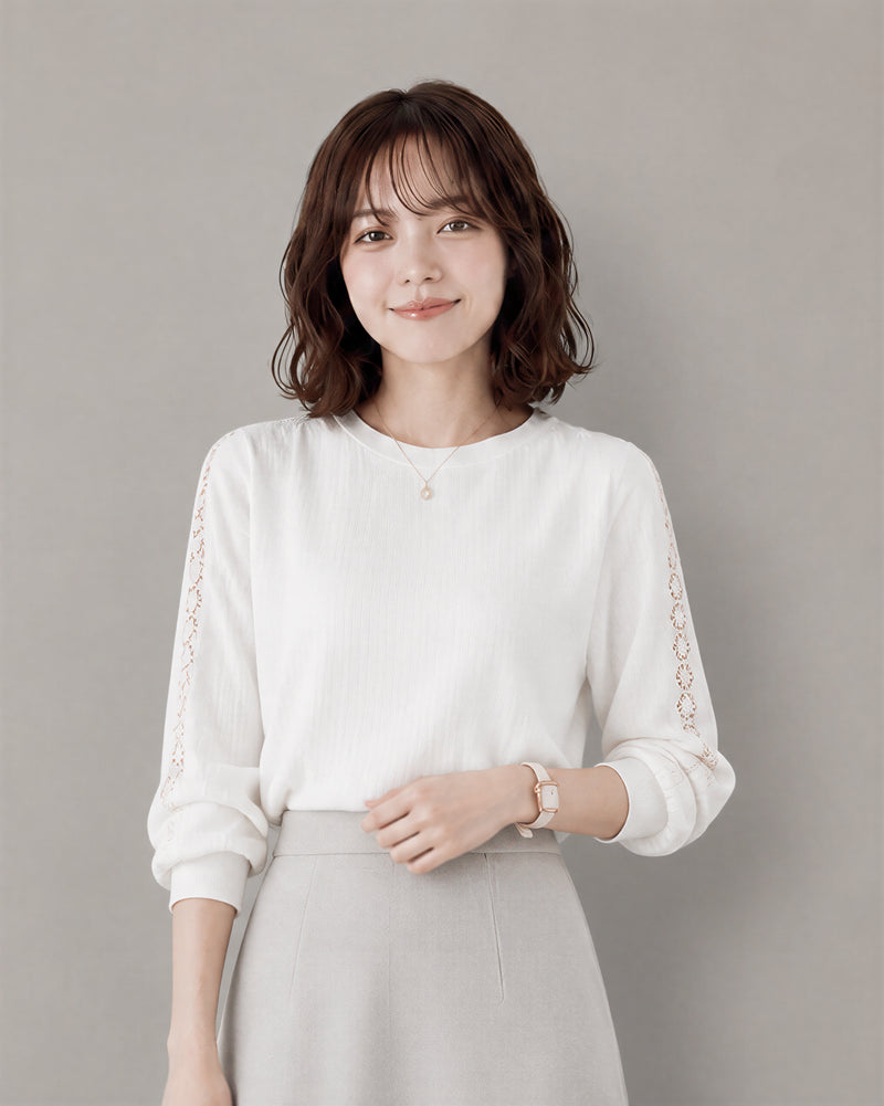 立體直紋蕾絲拼接長袖T恤-白色-3XL