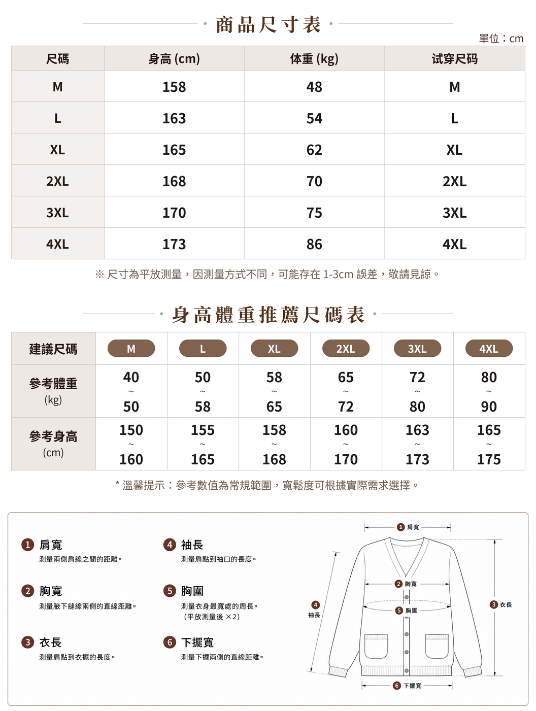 「兩色」「秋季新品 」M-4XL 寬鬆圓領大口袋夾克 size chart 1