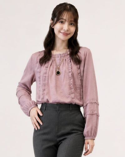S-XL 淺粉色荷葉邊 | 圓領燈籠袖襯衫
