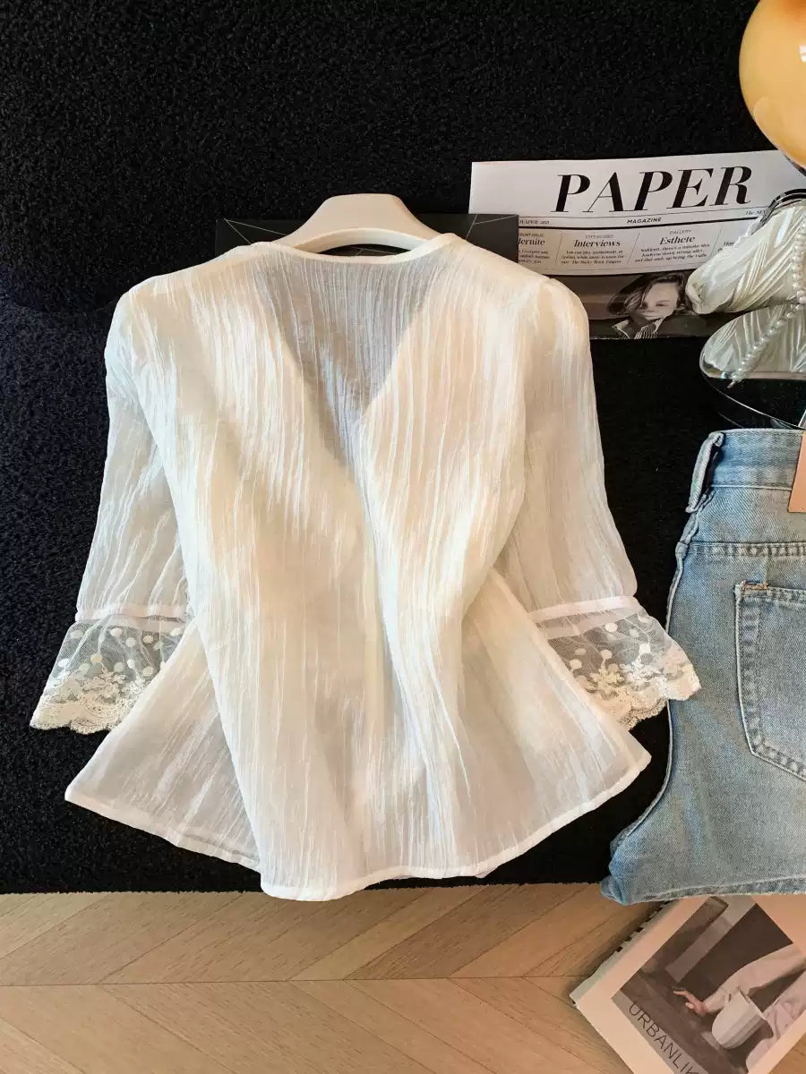 S-XL 秋日蕾絲荷葉邊綁帶長袖襯衫