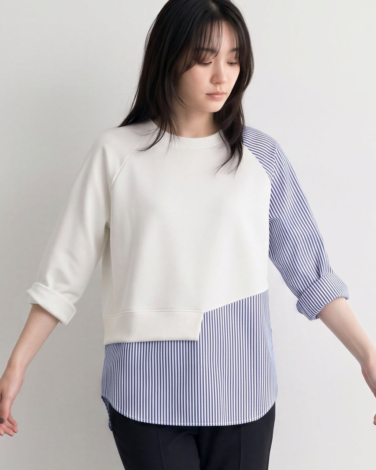 「兩色」「秋季新品 」 S-2XL 拼接條紋寬鬆衛衣