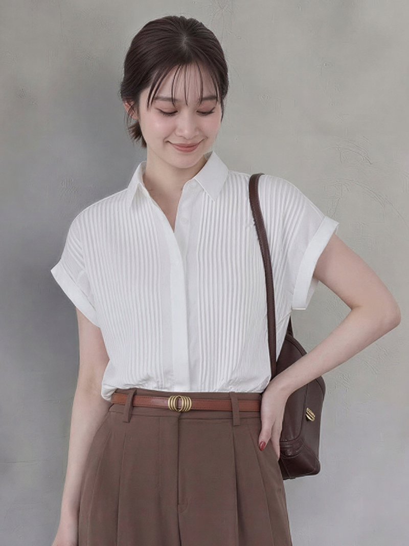 立體壓褶拼接短袖襯衫