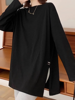 「秋季新品 」「兩色」S-2XL 寬鬆落肩開衩長袖T恤