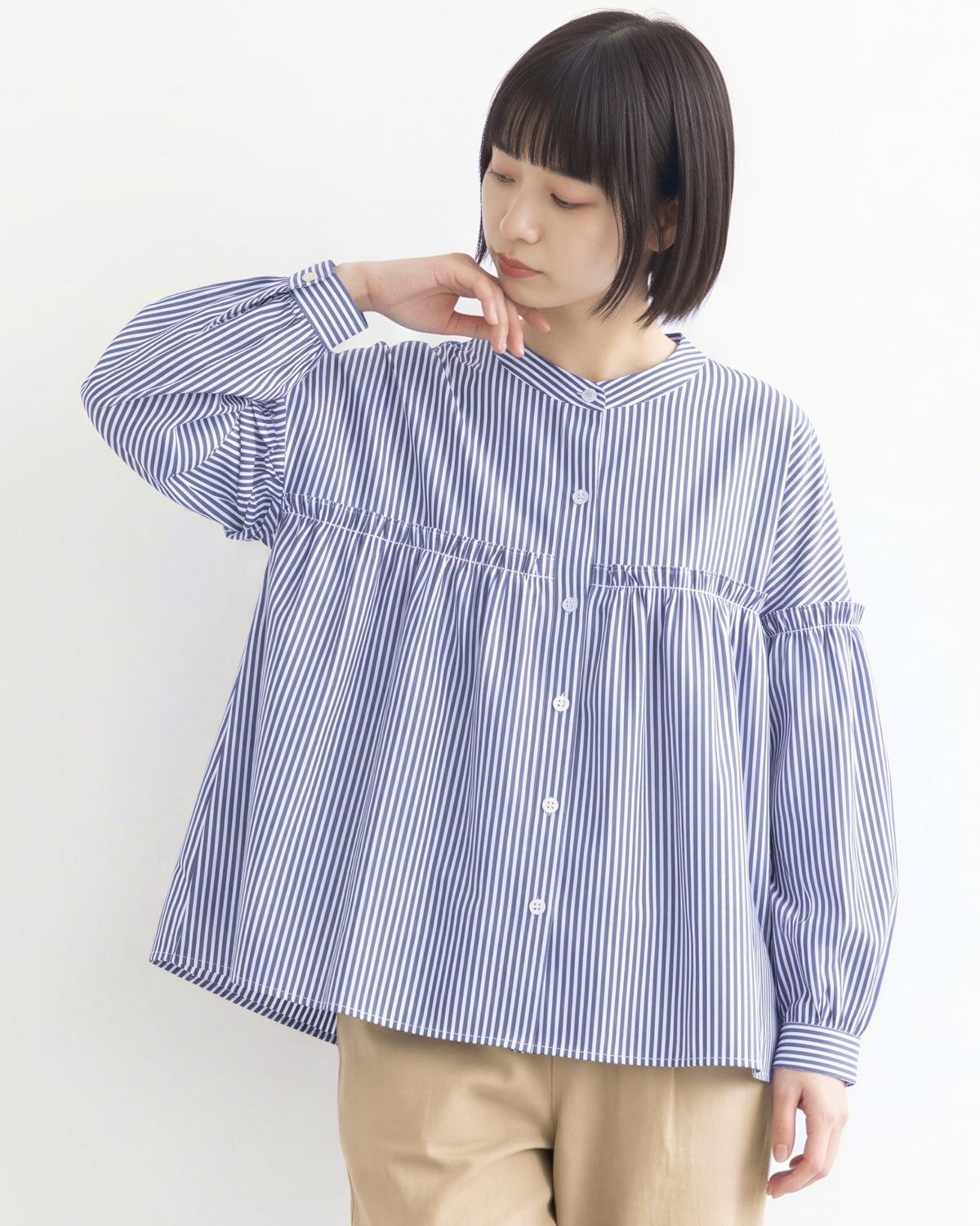 「秋季新品 」M-2XL 藍色 精選優質全棉 | 荷葉邊抓皺寬鬆襯衫