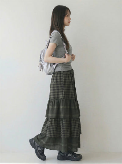 灰色格紋拼接蛋糕層次長款半身裙