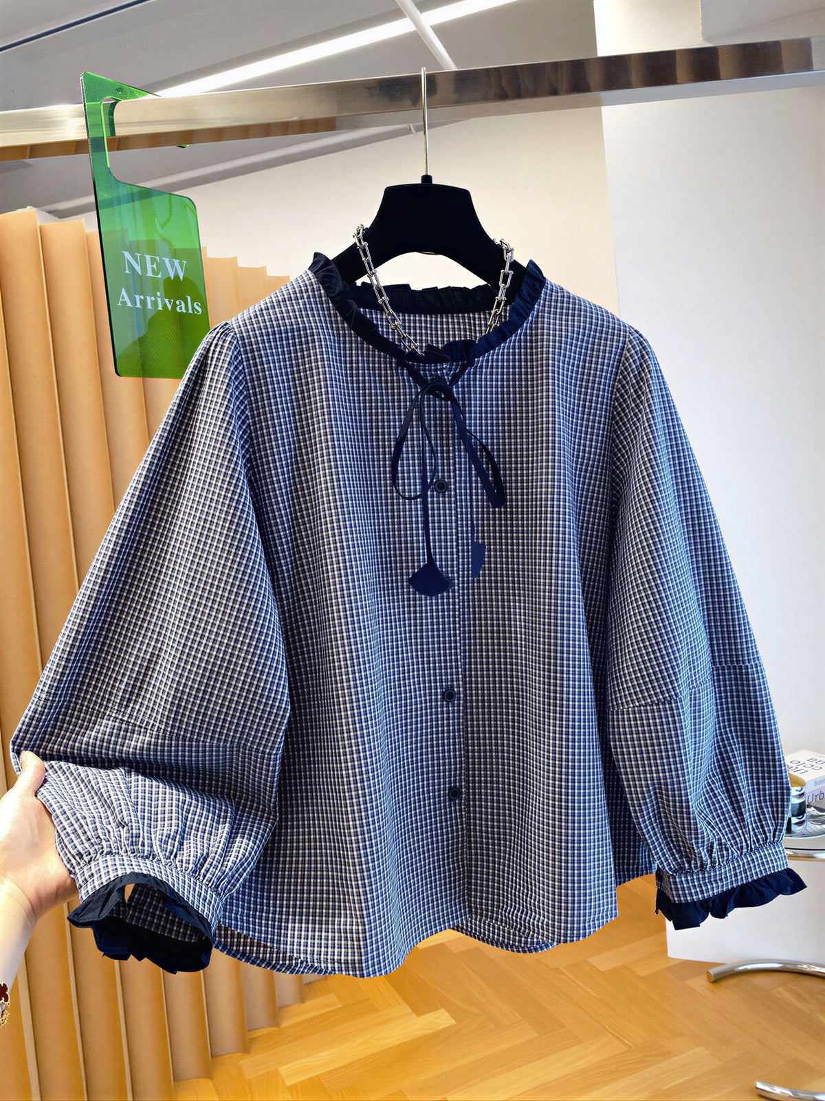 「秋季新品 」S-2XL 木耳邊綁帶格紋襯衫