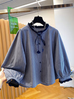 「秋季新品 」S-2XL 木耳邊綁帶格紋襯衫