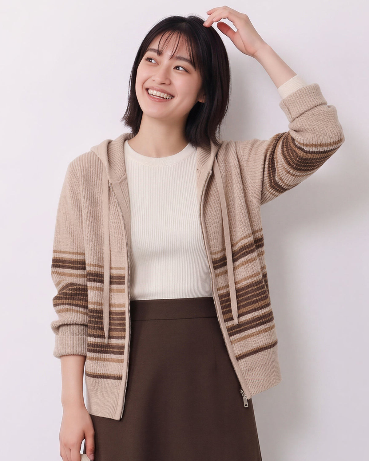 「秋季新品 」「兩色」連帽抽繩條紋拼接針織開襟外套
