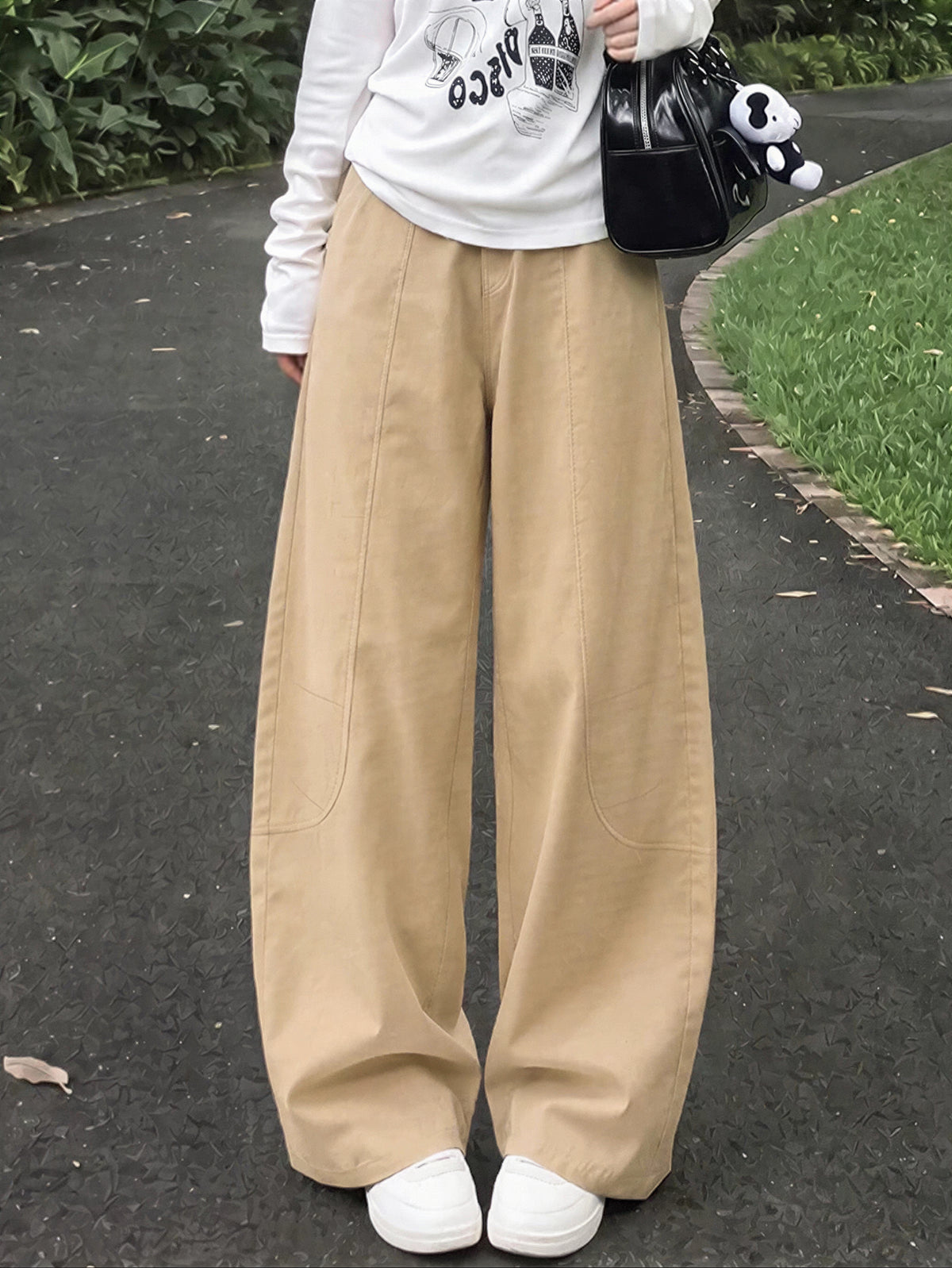 寬鬆彎刀闊腿工裝褲-卡其棕色-2XL