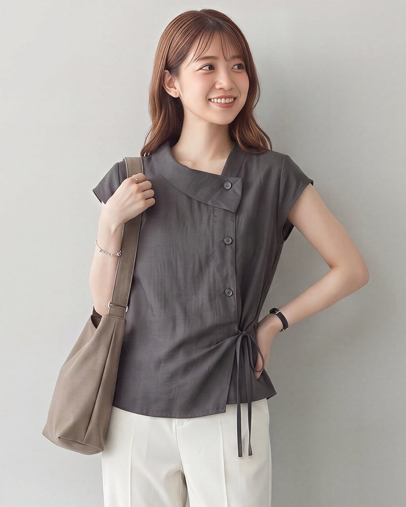 S-2XL 灰色斜襟綁帶 | 氣質不對稱襯衫上衣