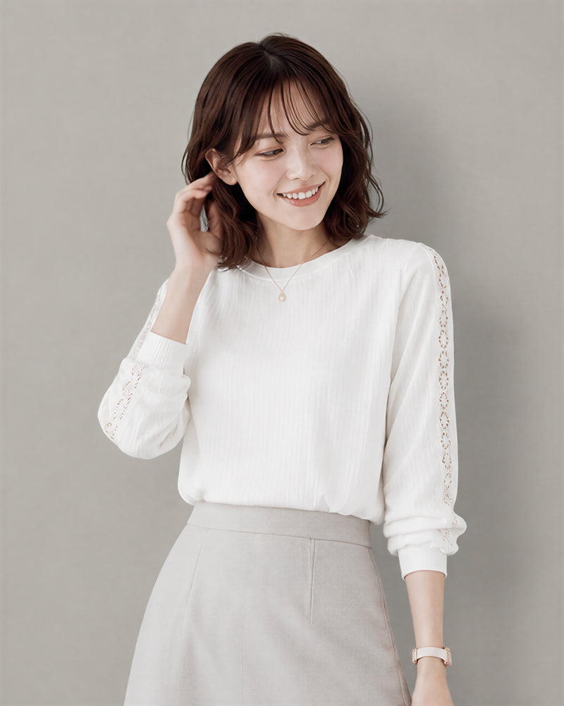 S-3XL 「秋季新品 」立體直紋 | 蕾絲拼接長袖T恤