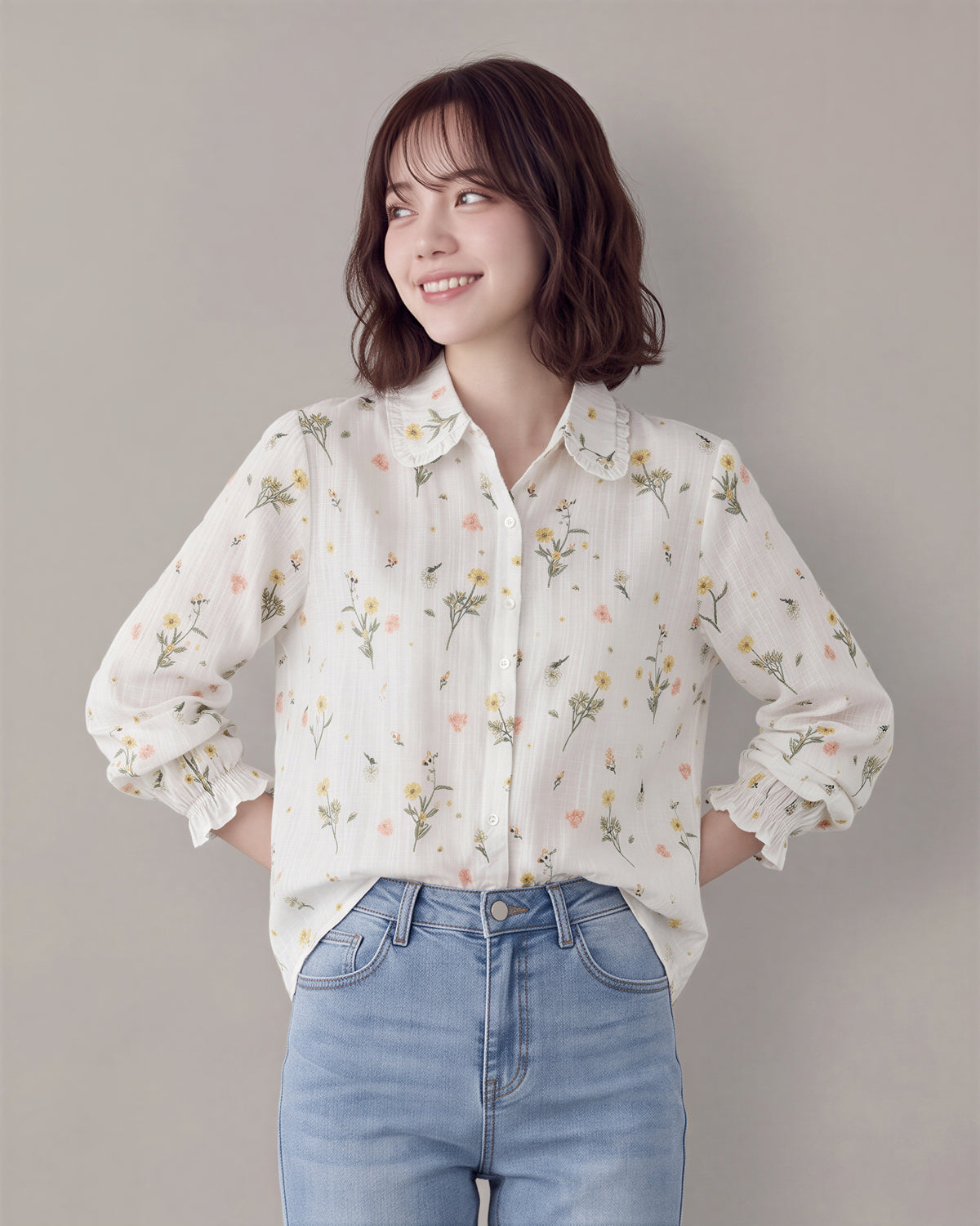 「秋季新品 」M-2XL 精選優質全棉 碎花木耳邊白色襯衫