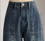 「秋季新品 」 XS-2XL 高腰直筒寬褲牛仔褲