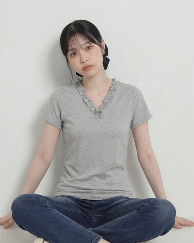 荷葉邊V領 修身短袖 灰色T恤