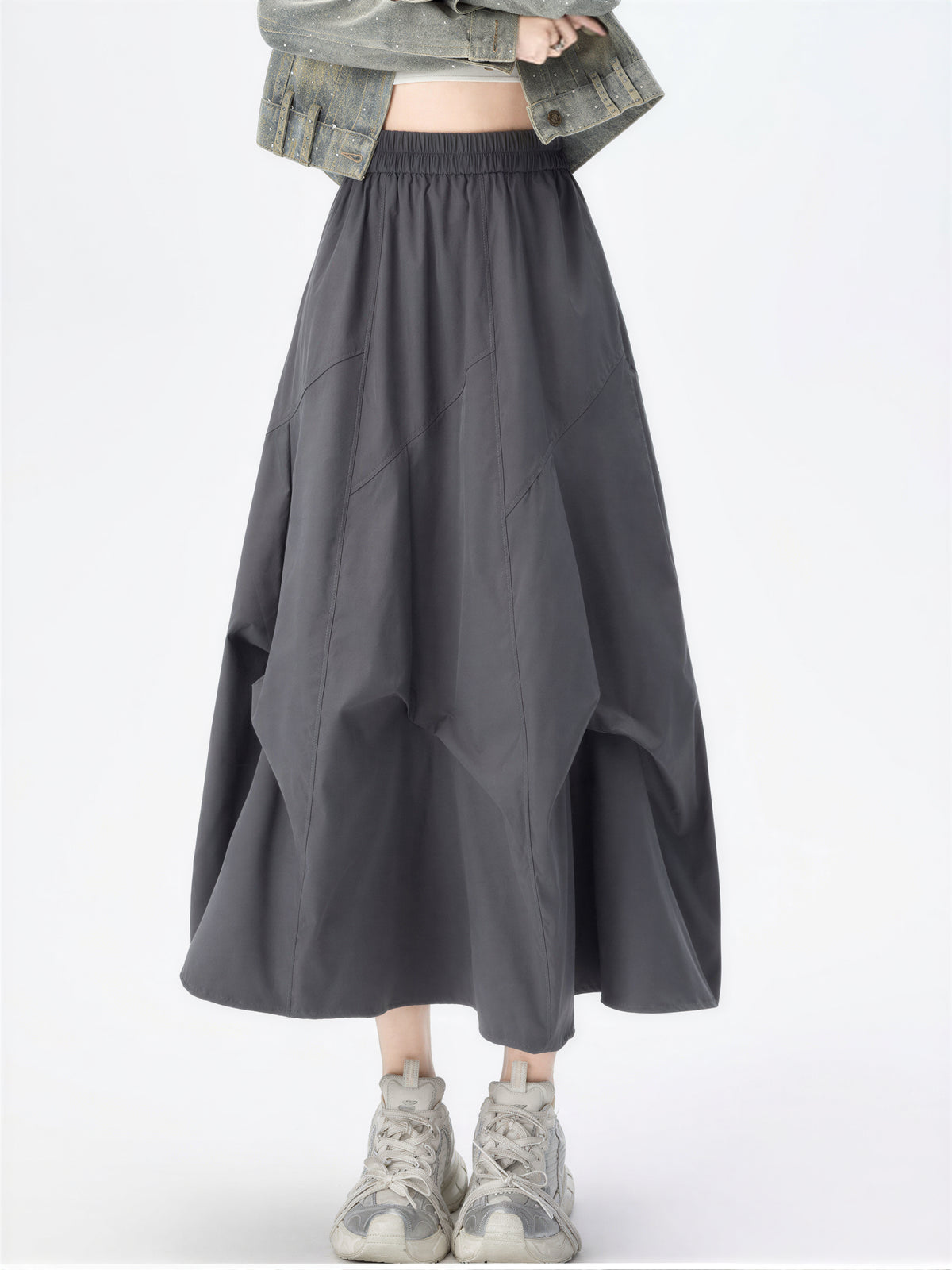 「多色」S-2XL 立體拼線蓬感半身裙